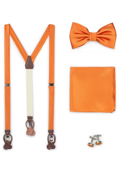 Set: Hosenträger, Herrenfliege, Kavaliertuch und Cufflinks orange