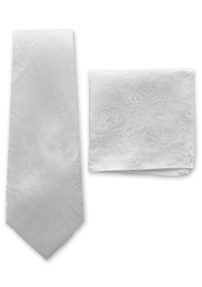 Kombination Krawatte und Herren-Einstecktuch Paisley-Muster schneeweiß