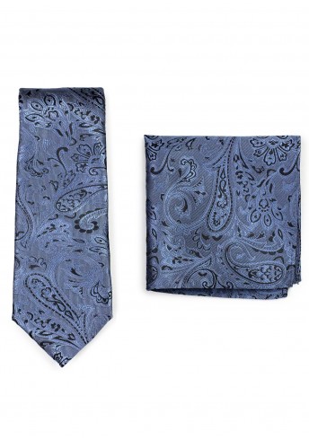 Set Krawatte und Einstecktuch Paisley-Muster hellblau