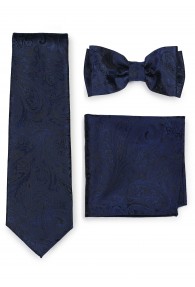 Set: Krawatte, Schleife, Ziertuch Paisleymotiv dunkelblau