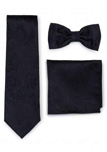 Set: Krawatte, Herrenschleife, Kavaliertuch Paisley schwarz