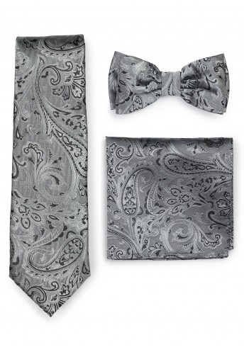 Set: Krawatte, Herren-Schleife, Ziertuch Paisley silber