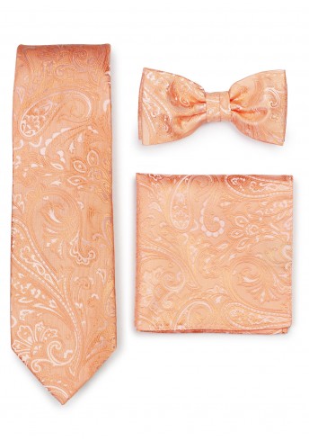 Set: Krawatte, Schleife, Ziertuch Paisley-Muster apricot