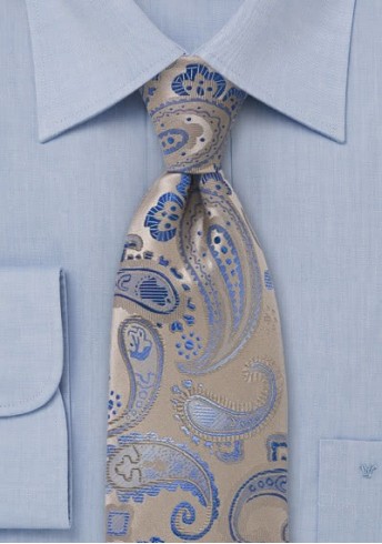 Schmale Krawatte Paisleys beige himmelblau