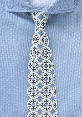 Blau, golden, reinweiße Krawatte mit modernem Dessin